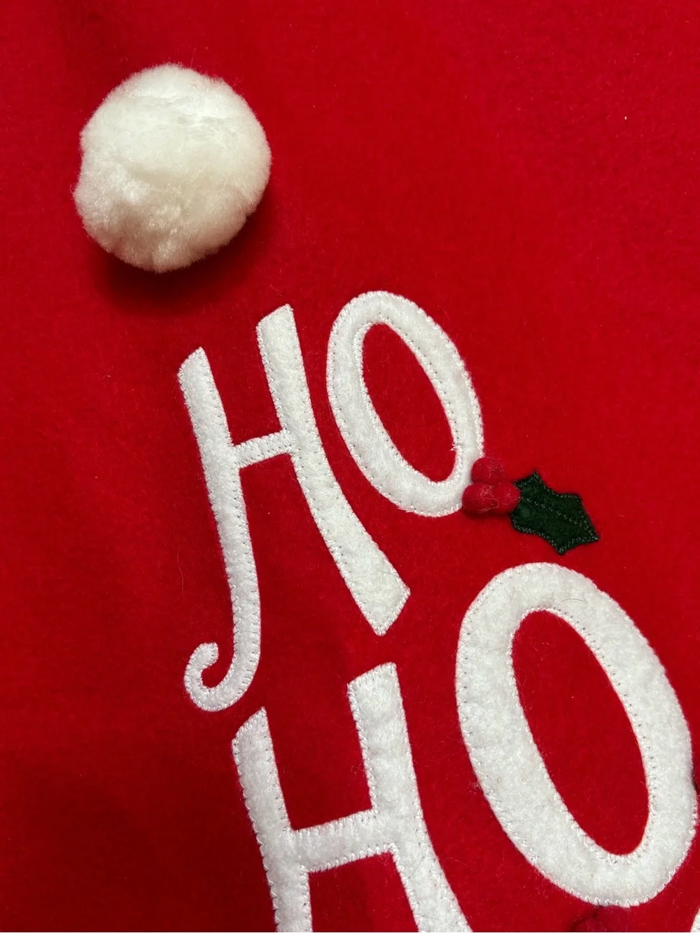 Vintage Felt Tree Skirt, Ho Ho Ho Design PomPoms 52” XL Red White Santa Hats